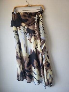 Jessica Abstract Wrap High Low Skirt in Brown, Butter Yellow and Black